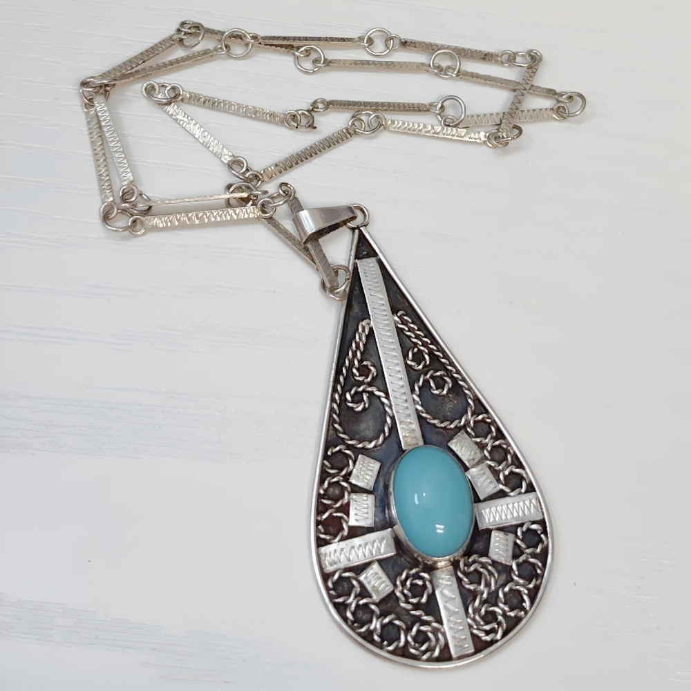 Vintage MEXICO Sterling Silver REYGO Turquoise Tear Drop Pendant Necklace 23.5" - Picture 11 of 12